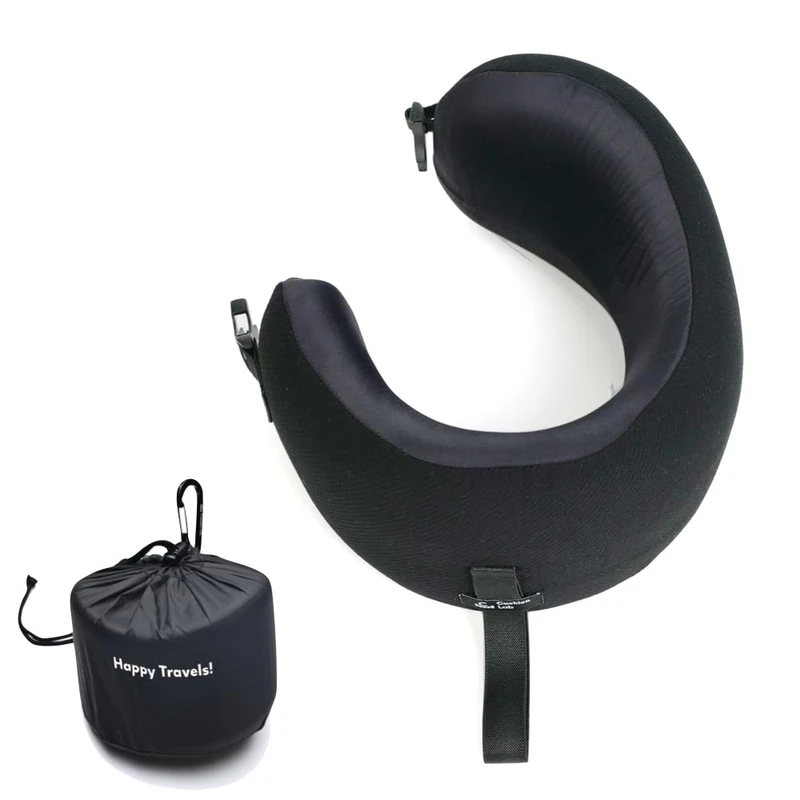 Cushion Lab Extra Support Travel Pillow, Award-Winning Patented Ergonomic Design for Chin & Neck Support Memory Foam Neck Pillow, Compact Airplane Pillow for Traveling, Flight, Car (Black, Medium)