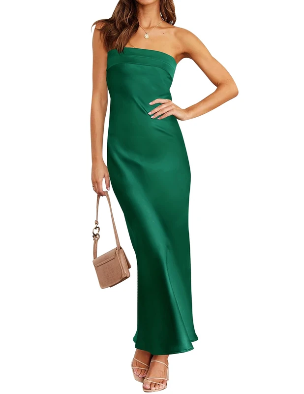 MEROKEETY Women 2024 Summer Strapless Satin Tube Bodycon Backless Wedding Guest Maxi Dress, Dark Green, S