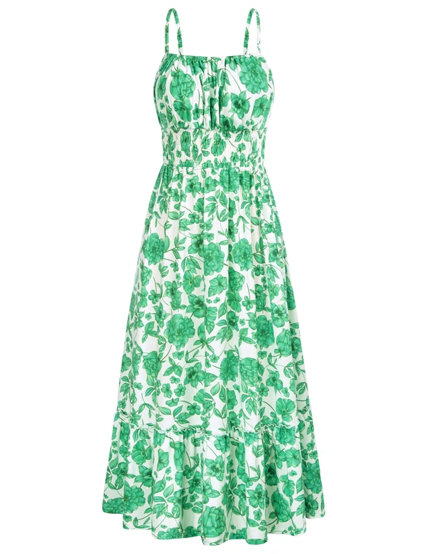 GRACE KARIN Womens Summer Maxi Dress Casual Sleeveless Spaghetti Strap Smocked Ruffle A Line Beach Long Dress with Pockets, Green Floral, XXL