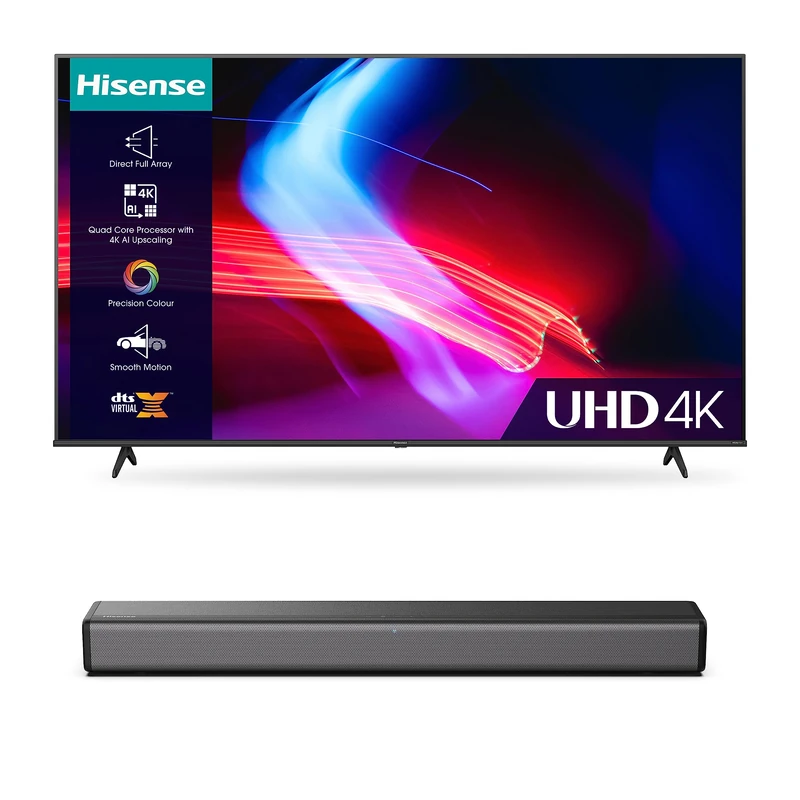 Hisense 43A6KTUK, 43 inch, 4k, Smart TV HS214 2.1Ch All- In-One 108W Soundbar with Built-In Subwoofer, Black, Compact Design, AUX, HDMI, USB, TV, PC Speaker - Image 1