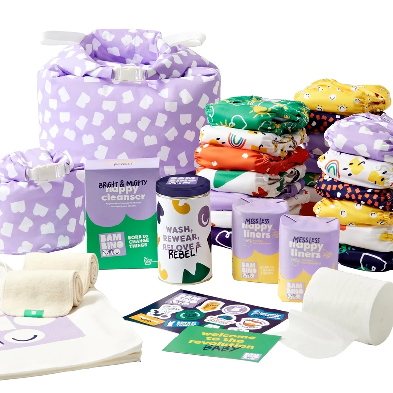 Bambino Mio, Reusable Nappy Set - The Changemaker Bundle, 20 x Nappies, Liners, Boosters, Wet Bags and Cleanser (Brave)
