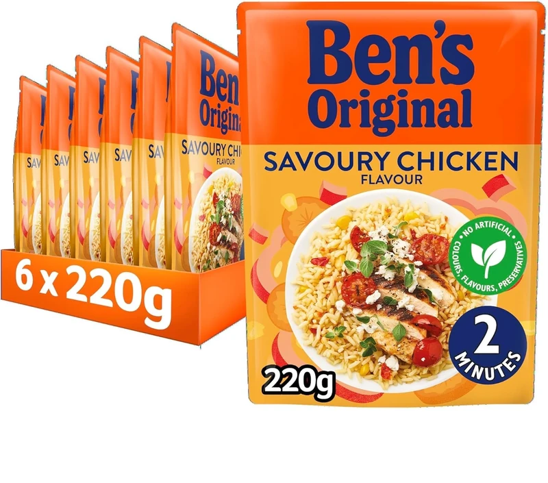 Ben's Original Microwave Rice Pouch, Savoury Chicken Flavour, Wholesome Easy to Prepare Rice, Suitable for Vegetarians, 6 x 220g Multipack