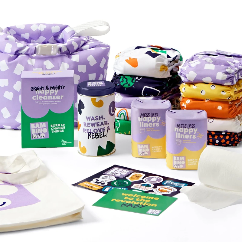 Bambino Mio, Reusable Nappy Set - Starter Bundle, 10 x Nappies, Liners, Wet Bag and Cleanser, Brave Style