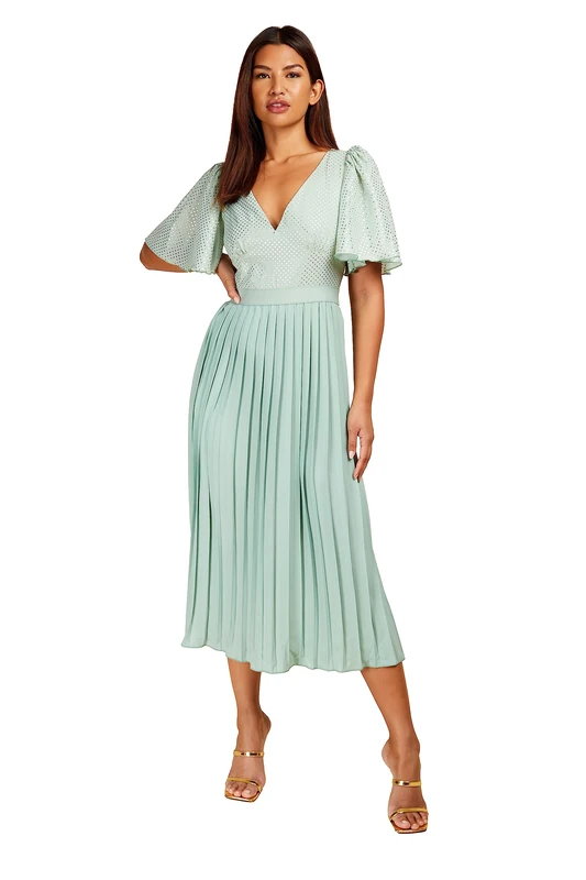 Sage Gold Foil Spot Pleated Midi Dress