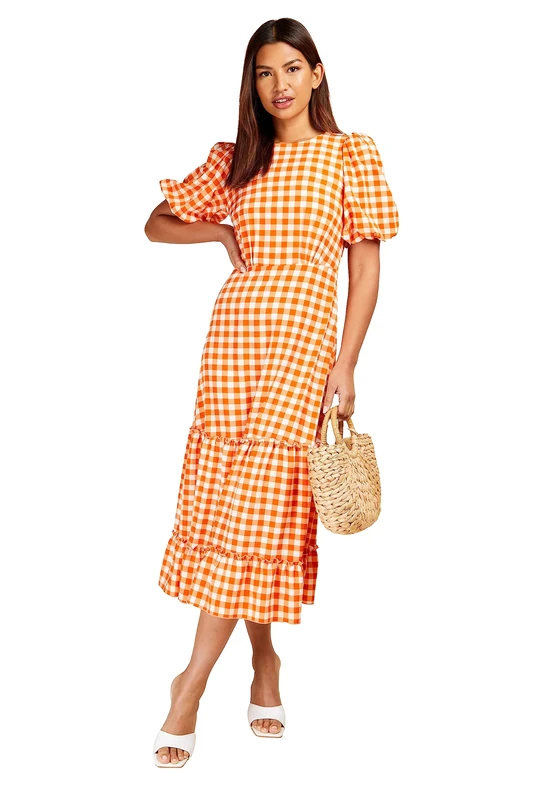 Orange Gingham Tiered Midi Dress, 18