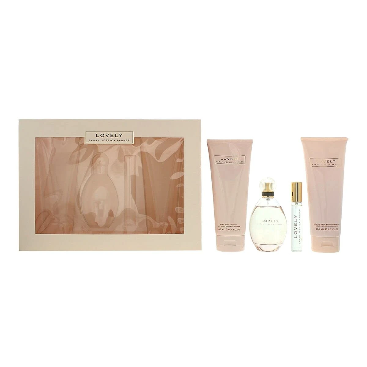 Sarah Jessica Parker Lovely 4 Pcs Set for Women: 3.4 Edp Sp + 0.5 Edp Sp + 6.7 B/L + 6.7 S/G