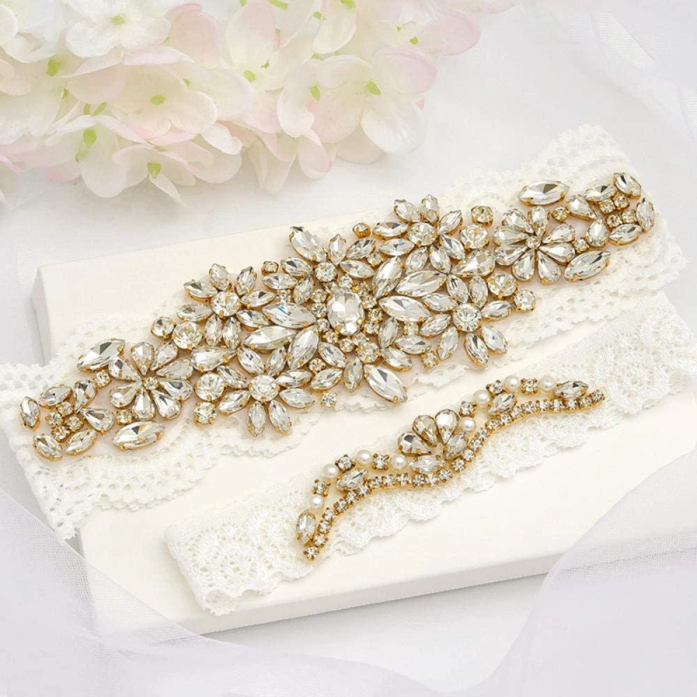 Lace Garter with Ornament,Bridal wedding accessories stretch lace leg garter-Rose gold_M,Wedding Crystal Garter (Rose Gold M) (Golden M)