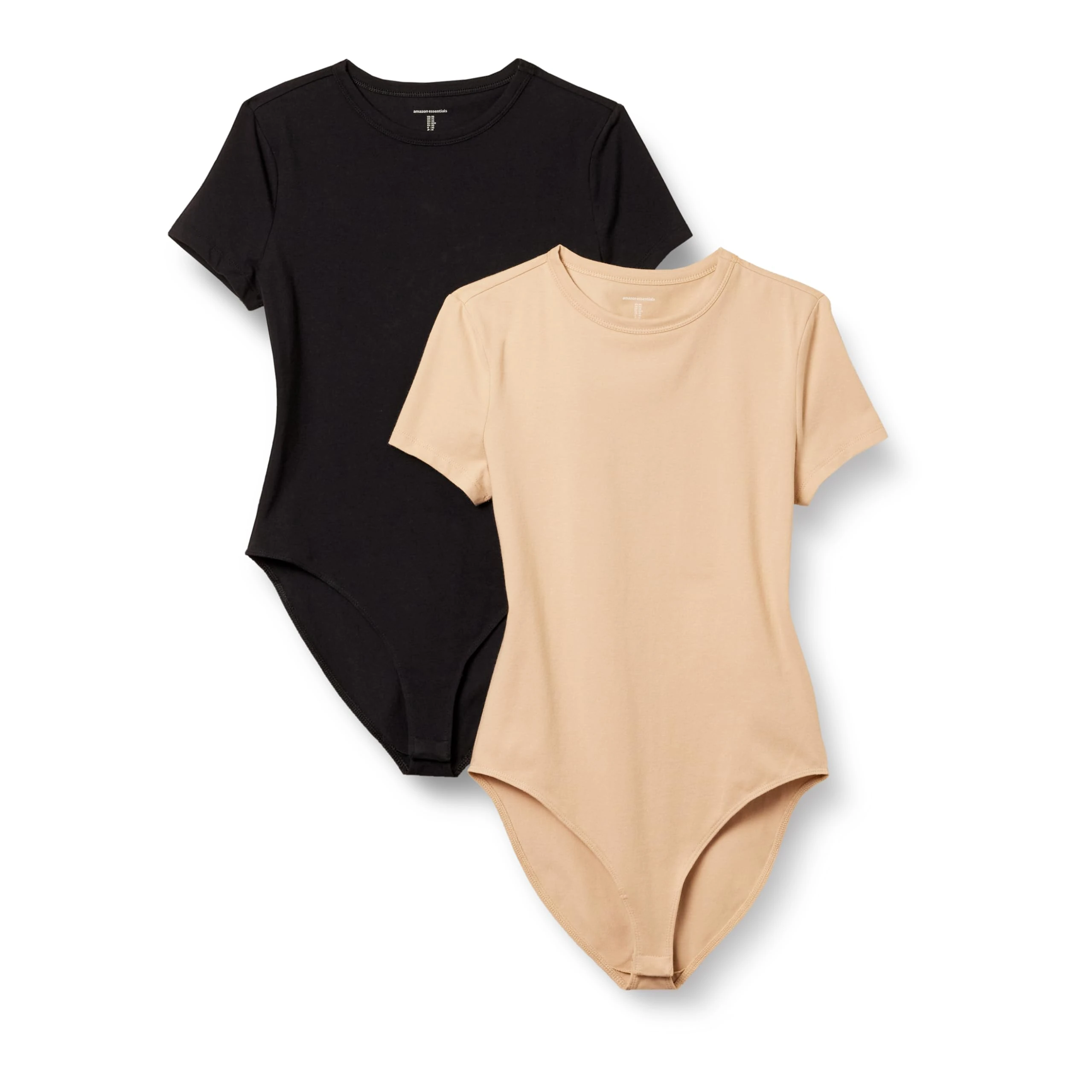 Amazon Essentials Women's Stretch Cotton Jersey Slim-fit T-Shirt Bodysuit, Pack of 2, Black/Light Camel, M