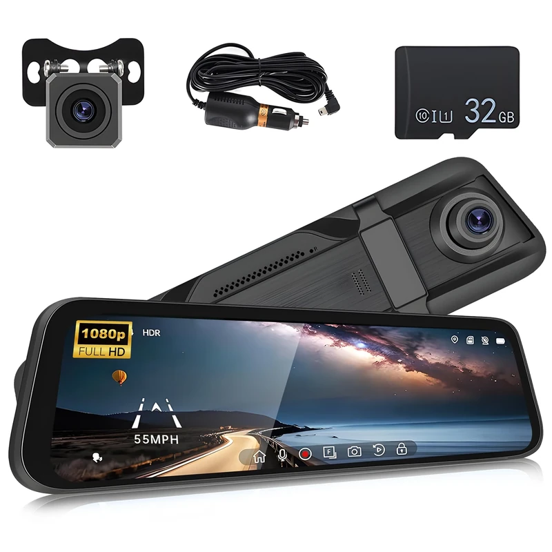 Mirror Dash Cam Car Camera, 9.66 Inch IPS LCD Full HD Smart Rearview Mirror for Cars & Trucks, HDR Front and Rear View Dual Cameras 1080P, Night Vision, Parking Assistance, Loop Recording DVR,32GB TF