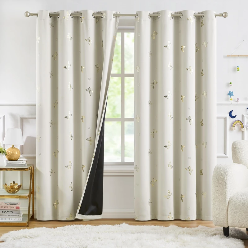 Jubilantex Butterfly Blackout Curtains 95" Long for Kids Bedroom, Beige and Gold Print Floral Butterfly Curtains with Black Layer Room Darkening Grommet Window Drapes for Bedroom Girls Room,52x95