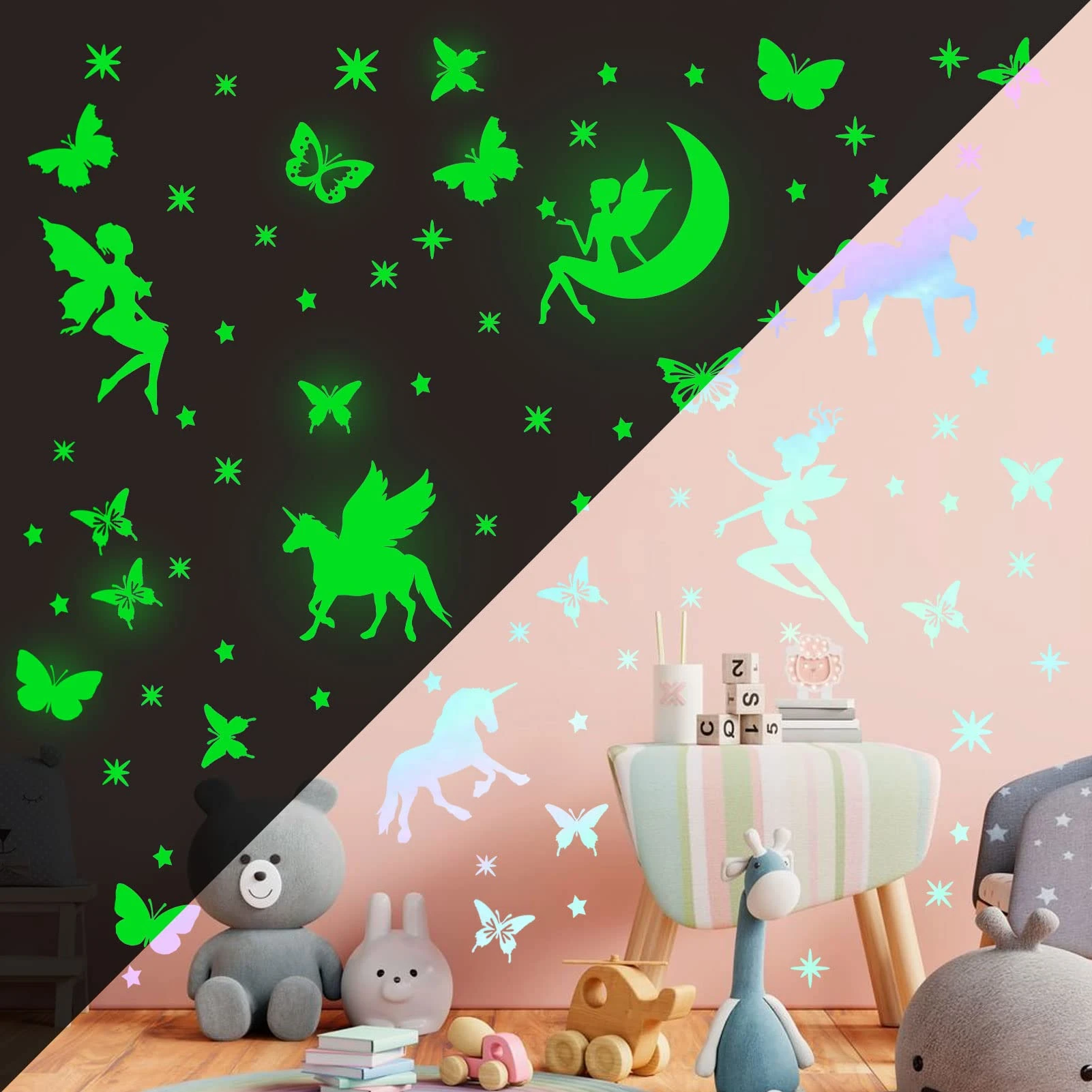 Glow in The Dark Stars Stickers Unicorn Fairy Butterfly Wall Decals Stickers DIY Fluorescent Adhesives Wall Stickers for Nursery Girls Kids Bedroom Living Room Home Decoration
