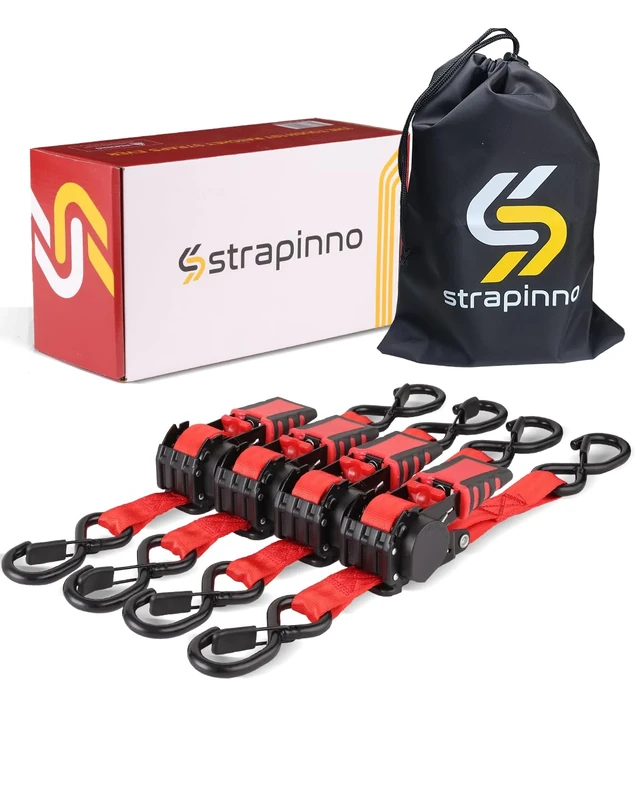 Strapinno 4pcs Retractable Ratchet Straps Bundle 1in x 6ft Ratchet Tie Down with Rubber Coated Steel Handle, S Hooks, Breaking Strength 1500 lbs Each (Red Strap, Black Coated Buckle)