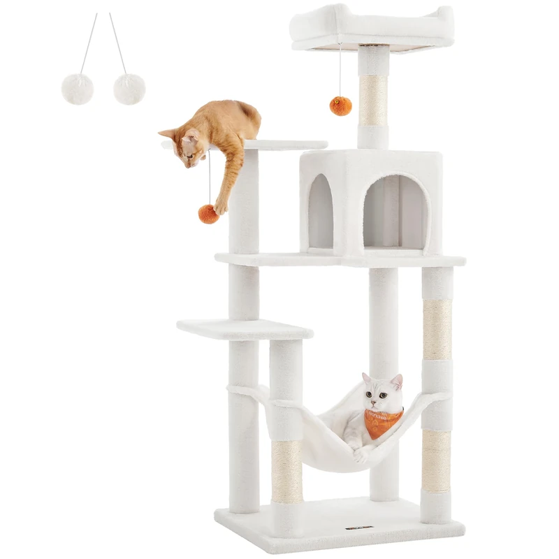 Feandrea Cat Tree Tower, 143 cm Multi-Level Plush Cat Condo with 4 Scratching Posts, 2 Perches, Cave, Hammock, Pompoms, Cream White PCT161T01
