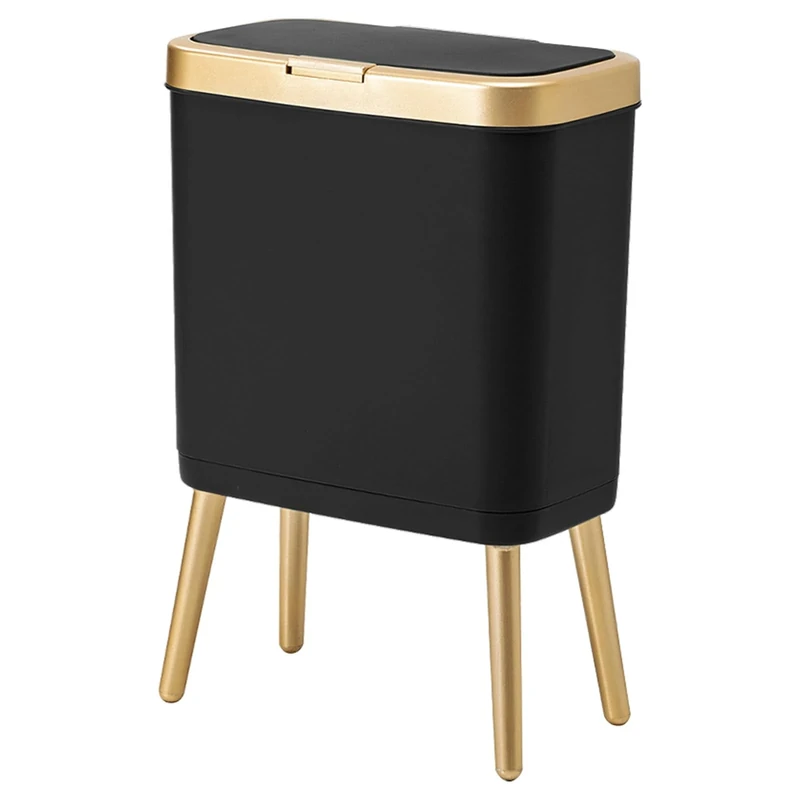Procade Office Trash Can with Lid, Black Bathroom Trash Can with Gold Edge, Modern Narrow Garbage Can with Legs, Slim Garbage Bin Plastic Trash Bin for Bedroom, Living Room,Kitchen,Toilet, 4 Gallon