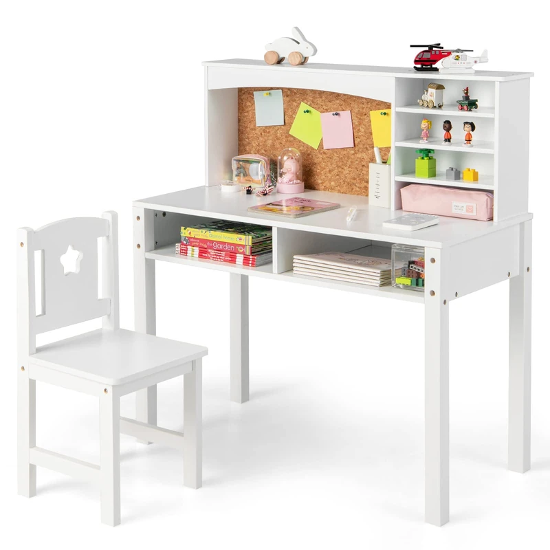 GYMAX Kids Desk and Chair Set, Wooden Children Study Table with Storage Space and Bulletin Board, Toddler Writing Desk Set for Boys Girls, 79 x 39 x 85 cm (White)