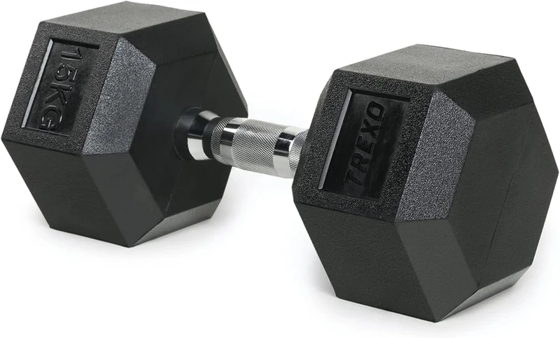 TREXO Hexagon Dumbbells 15 kg Hex Dumbbells with Durable Rubberised Cast Iron for Strength Training with Ergonomic Chrome-Plated Handle Weights Training Home Dumbbell for Men and Women