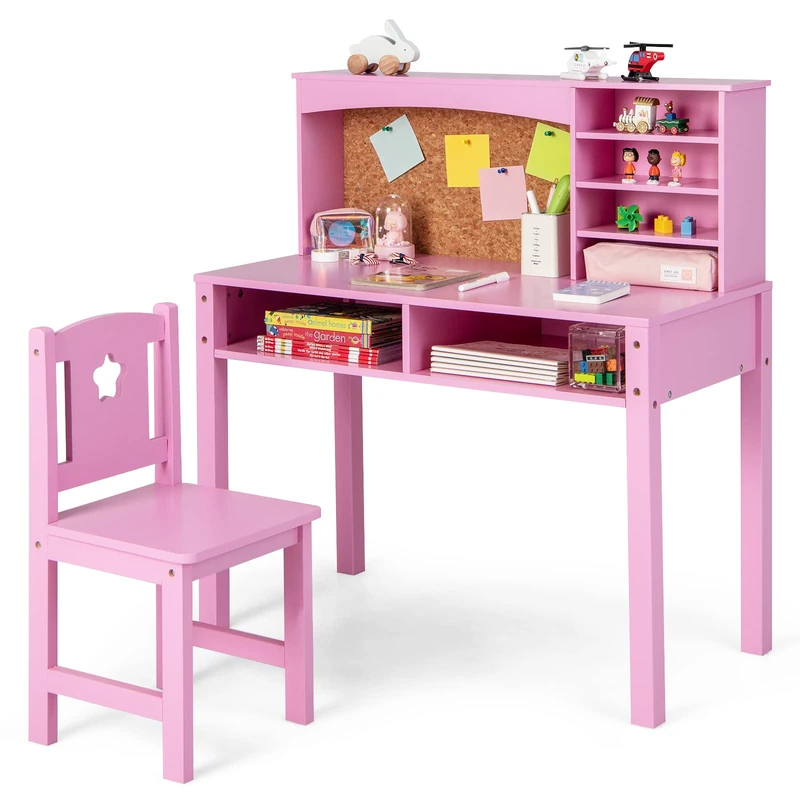 GYMAX Kids Desk and Chair Set, Wooden Children Study Table with Storage Space and Bulletin Board, Toddler Writing Desk Set for Boys Girls, 79 x 39 x 85 cm (Pink) - Image 1