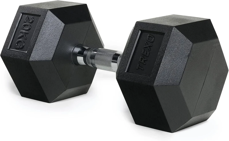 TREXO Hexagon Dumbbell 20 kg Durable Rubberised Cast Iron for Strength Training at Home with Ergonomic Handle Stable and Versatile Dumbbell Hex HXD200