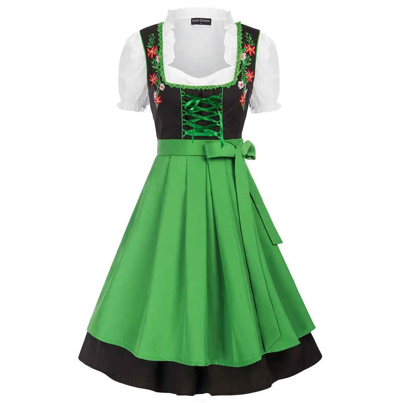 SCARLET DARKNESS 3 Pieces Bavarian Trachten Dirndl Dress for Women with Apron and Blouse Green XXL