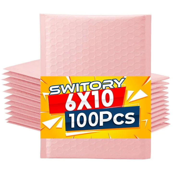 Switory 100Pcs Poly Bubble Mailers, 15.3x22.9cm Padded Envelopes Bulk, Bubble Lined Wrap Polymailer Bags for Shipping Packaging Mailing Self Seal Pale Pink (Inside Size: 15.3x22.9)