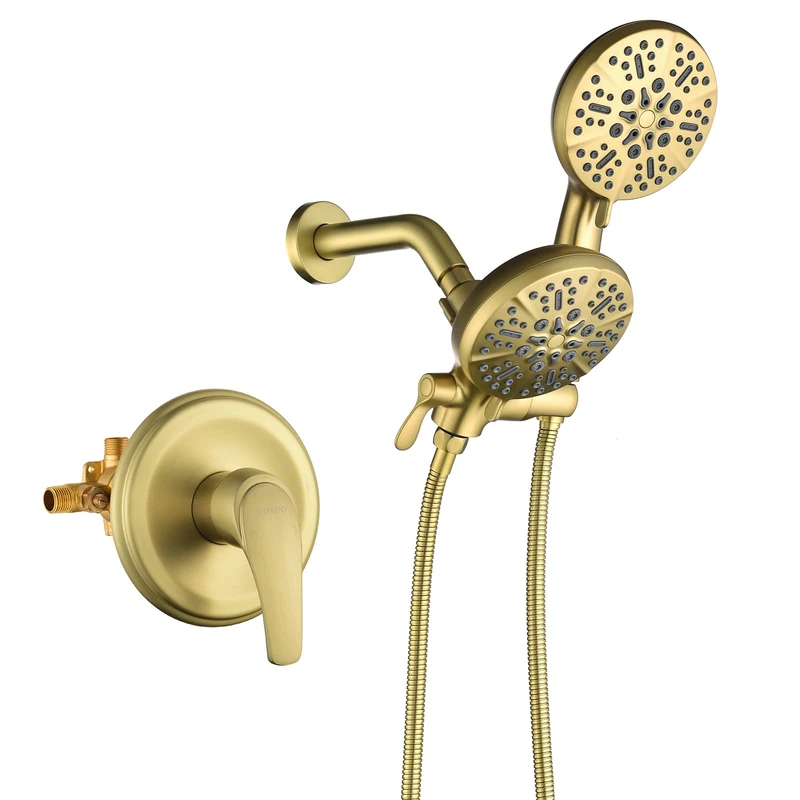 Dual Shower Tap Set with Valve High Pressure Dual 2 in 1 Shower Combo Set Shower System with Hand Shower 3-Way Water Diverter Shower Trim Kit Brushed Gold