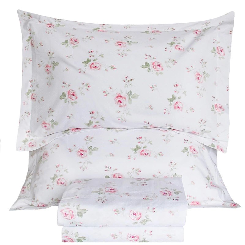 Lady Ann 100% Cotton Floral Queen Sheets Set Deep Pockets, Shabby Vintage Chic Printed Bed Sheets Rose Flower Pattern Cotton Bedding Sheets 4Pcs Extra Soft and Breathable Botanical Sheets