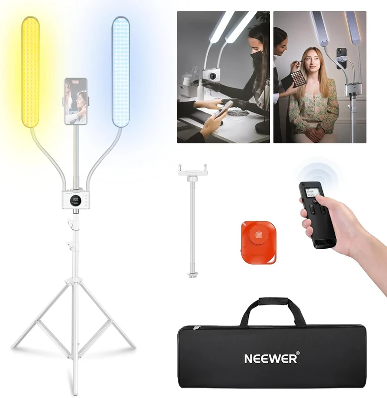 NEEWER Esthetician light with Phone Holder & Travel Bag Kit, Support 2.4G/PC/MAC Control & Separate Control of 2 Light Heads, CRI98+ Bi Color Stepless Dimmable Tattoo Light Lash Lamp, BH40B (UK plug)