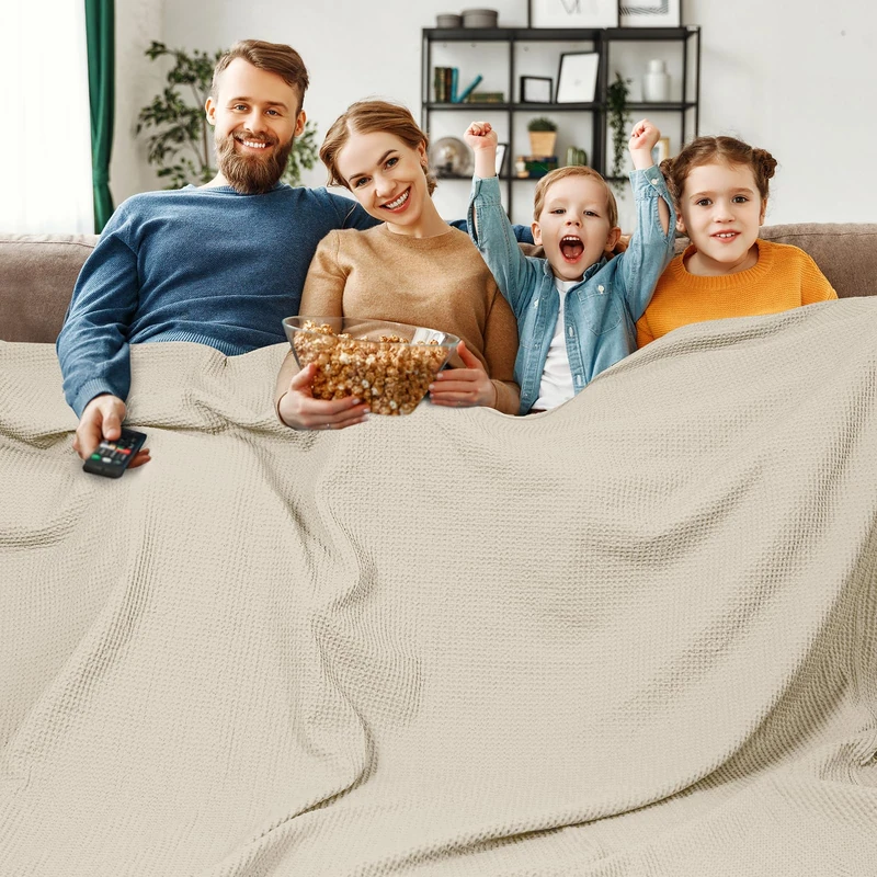 PHF 100% Cotton Waffle Weave Family Blanket,Oversized King Size 120"x 120"-Pre-Washed Snag Proof Lightweight Breathable Moisture-wicking, 10'x 10' Huge Extra Large Big,Home Decoration Gift-Linen/Stone