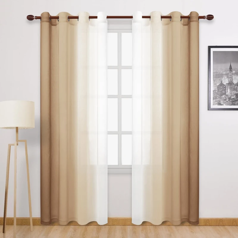 DWCN Taupe Faux Linen Ombre Sheer Curtains - Gradient Semi Voile Curtains for Bedroom and Living Room, Set of 2 Grommet Top Window Curtain Panels, 52 Wide by 90 Inches Long, Taupe