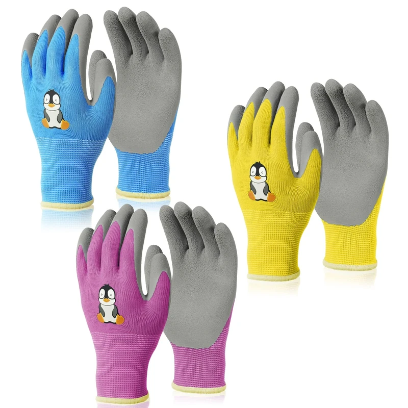 OSDUE 3 Pairs of Gardening Gloves, Kids Safety Work Gloves, Gardening Gloves for Women with Soft PVC Dots, Comfortable Breathable Non-Slip Flexible for Yard, Fishing, Camping (Age 5-7)