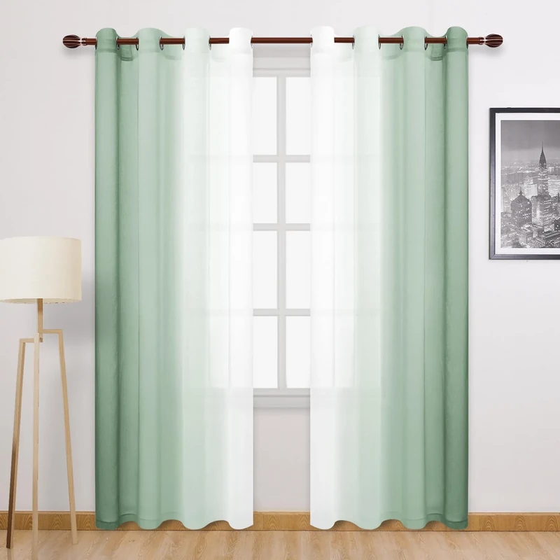 DWCN Light Sage Faux Linen Ombre Sheer Curtains - 84 inches Long Gradient Semi Voile Curtains for Bedroom and Living Room, Set of 2 Grommet Top Window Curtain Panels, 52 x 84 Inches Long, Sage Green