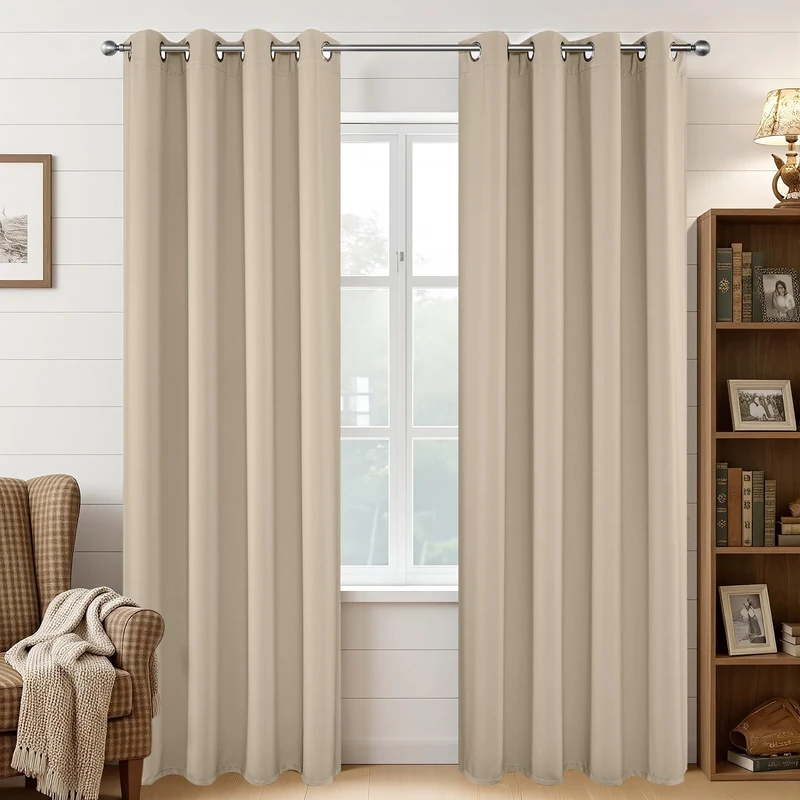 Joydeco Blackout Curtains 90 Inch Length 2 Panels Set, Thermal Insulated Long Curtains& Drapes 2 Burg, Room Darkening Grommet Drapes for Living Room Bedroom Window (W52 x L90 Inch, Light Beige)