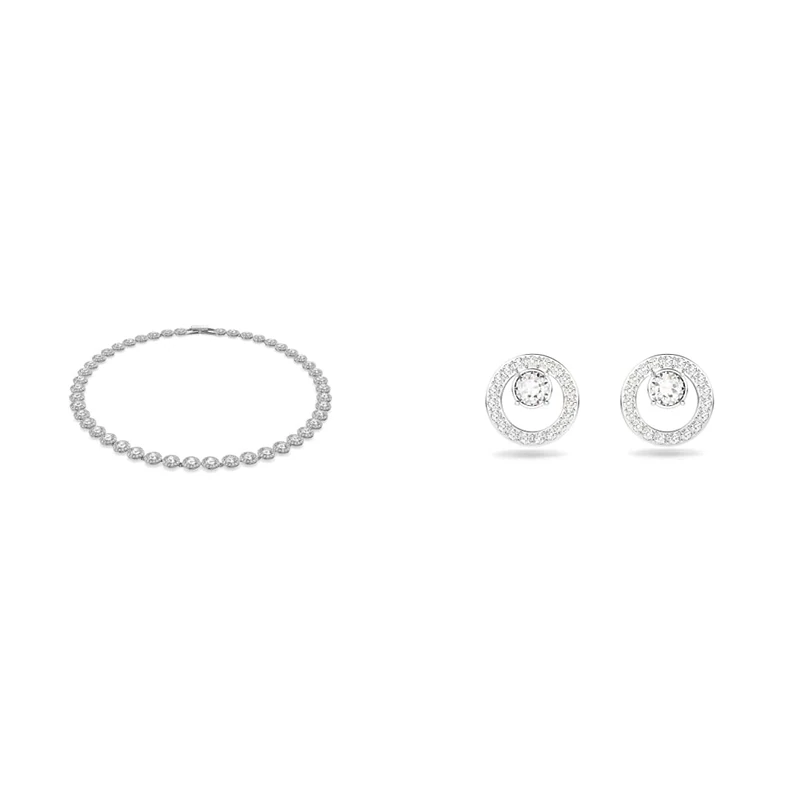 Swarovski Angelic necklace, Round cut, White, Rhodium plated & Creativity stud earrings, Circle, White, Rhodium plated