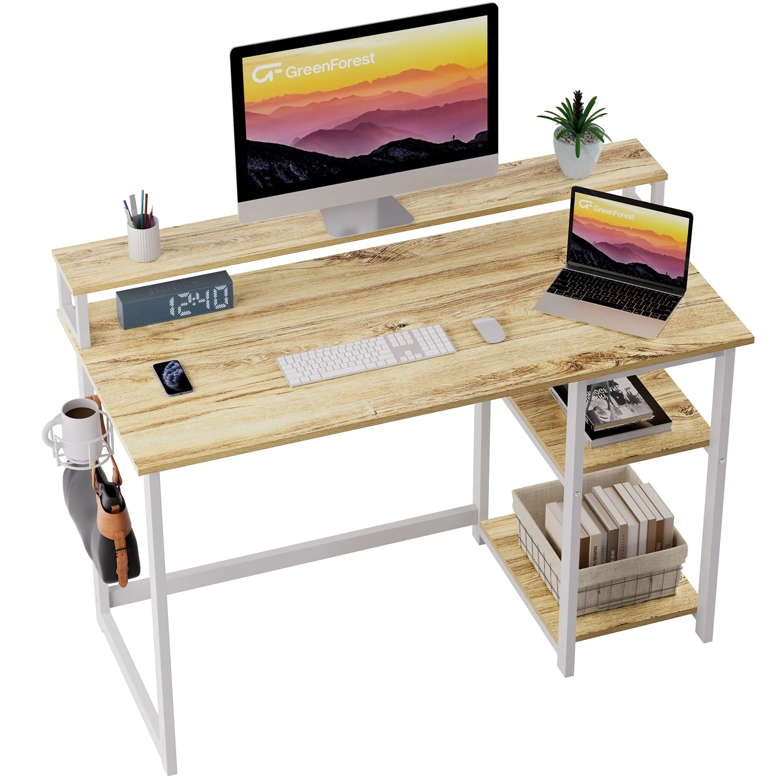 GreenForest Computer Desk with Full Monitor Stand,100 cm Home Office Desk with Reversible Storage Shelves,Small Study Desk with Headphone Hook and Cup Holder,Oak
