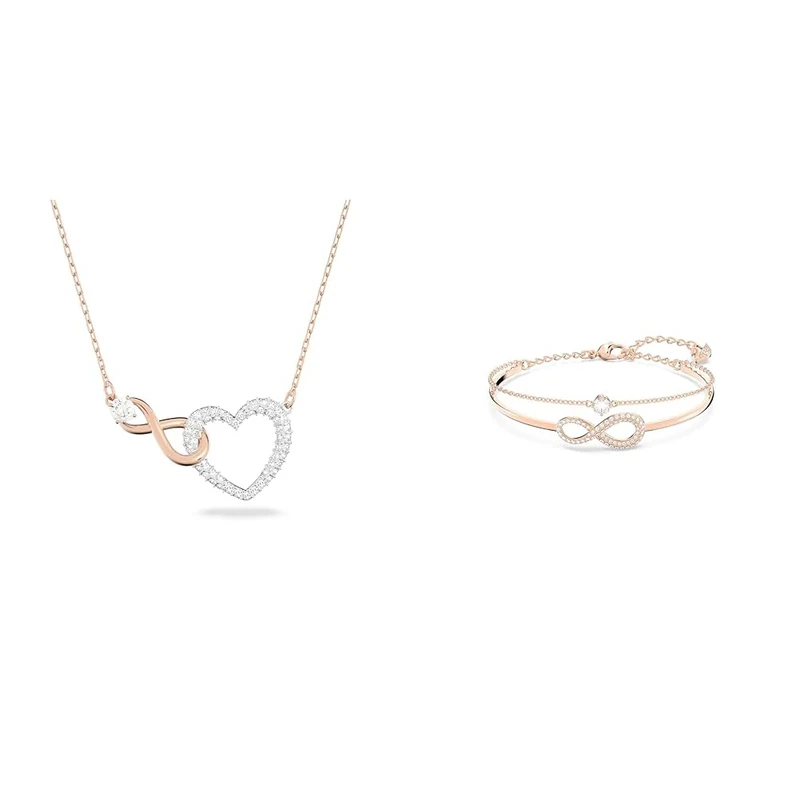 Swarovski Infinity necklace, Infinity and heart, White, Mixed metal finish & Infinity bangle, Infinity, White, Rose gold-tone plated
