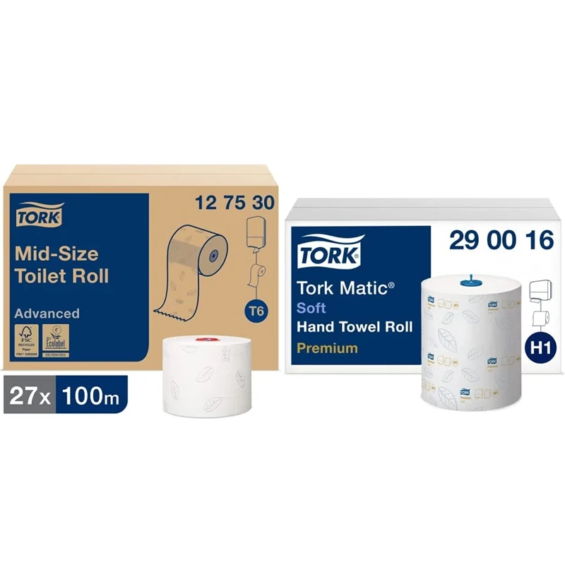 Tork Matic Soft Hand Towel Roll Premium 290016 - H1 Premium Paper Towels for Roll Towel Dispenser & D8225 Advanced Compact Auto Shift Toilet Paper Roll, 100m, White, Pack of 27