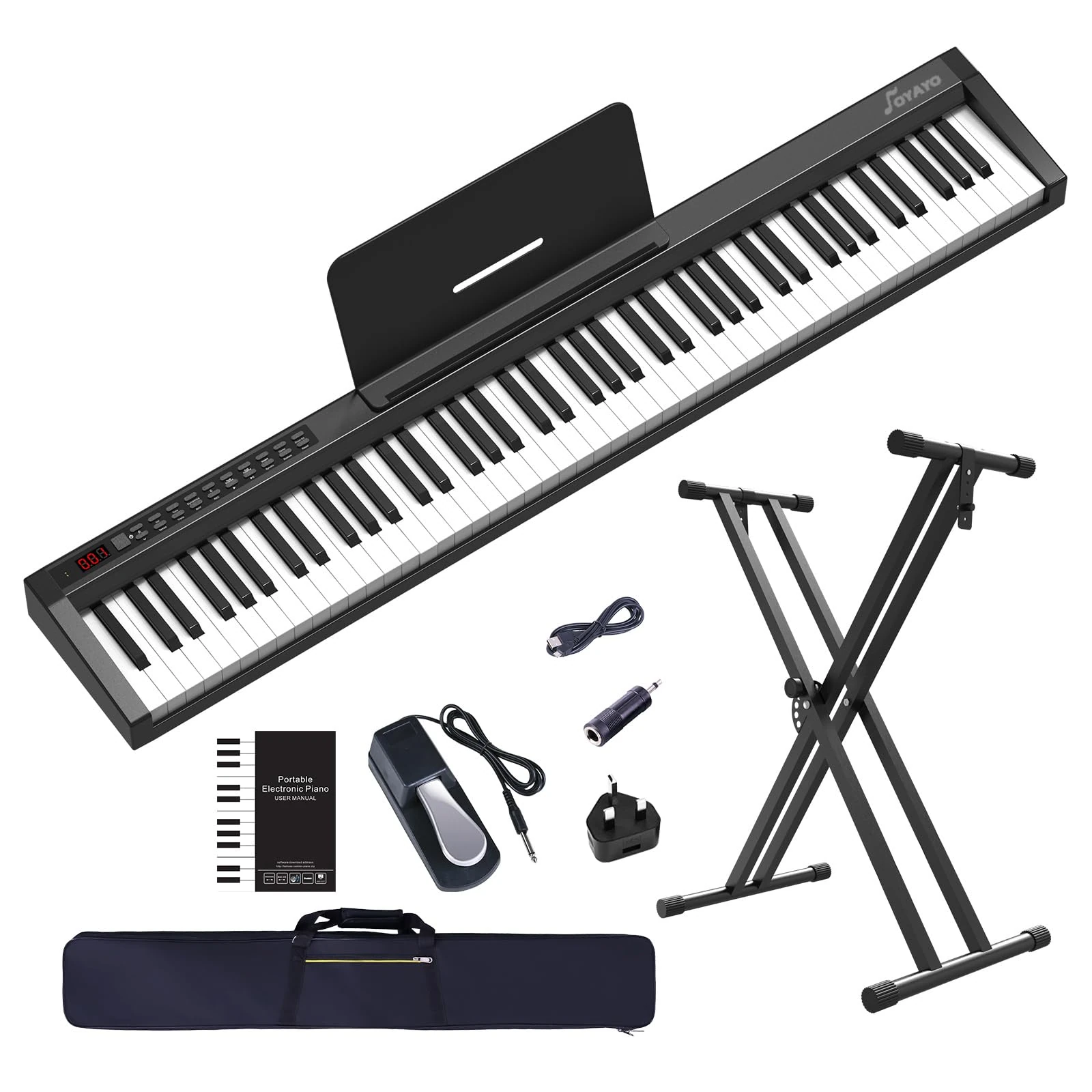 OYAYO Digital Piano 88 Weighted Keys with Stand, Touch Sensitivity Electric Piano Keyboard with Bluetooth MIDI Function, Sustain Pedal, Full Size Portable Piano Keyboard for Children and Adults