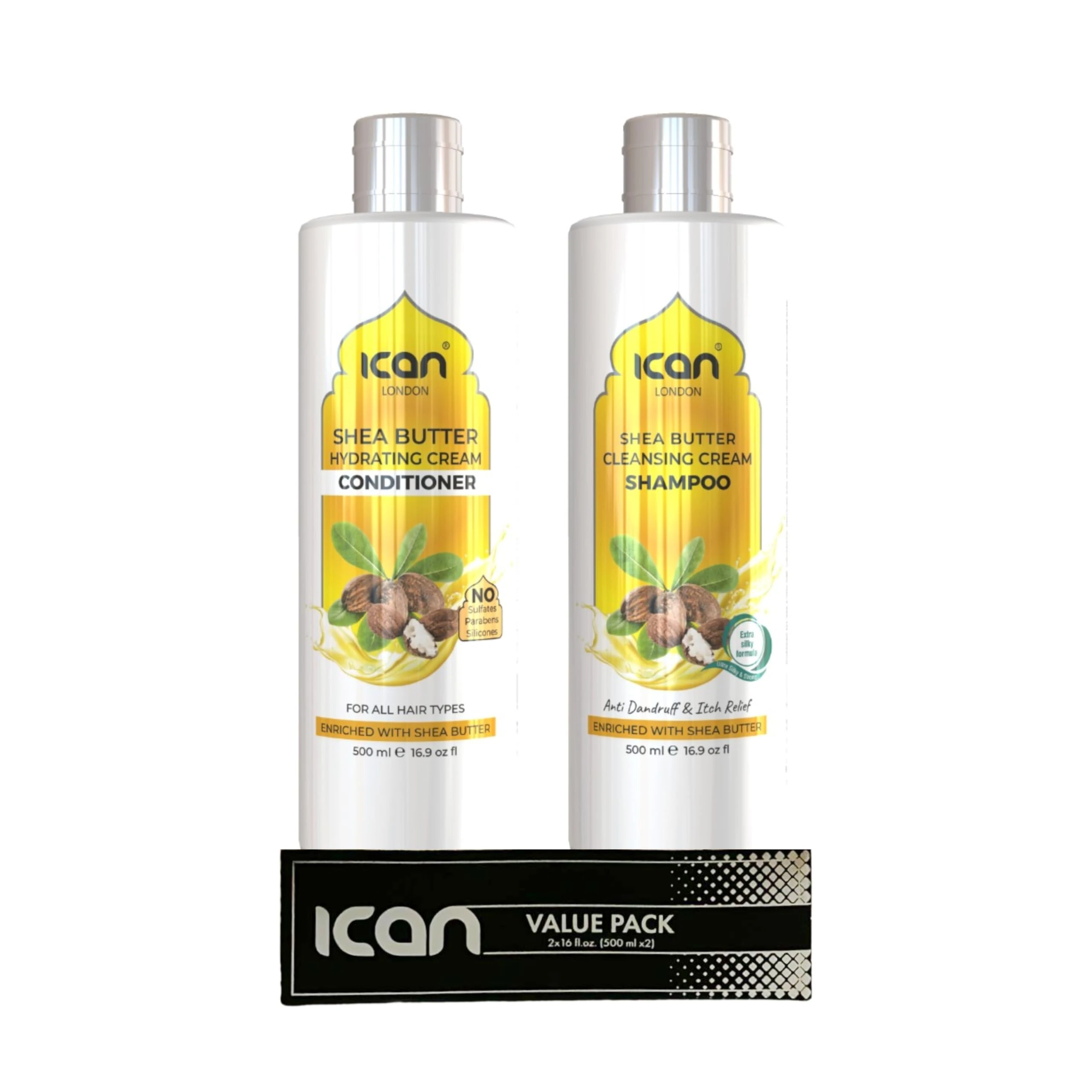 ican London Shea Butter Sulfate Free Cleansing Cream Shampoo + Sulfate Free Hydrating Cream Conditioner Duo Pack 500ml Each