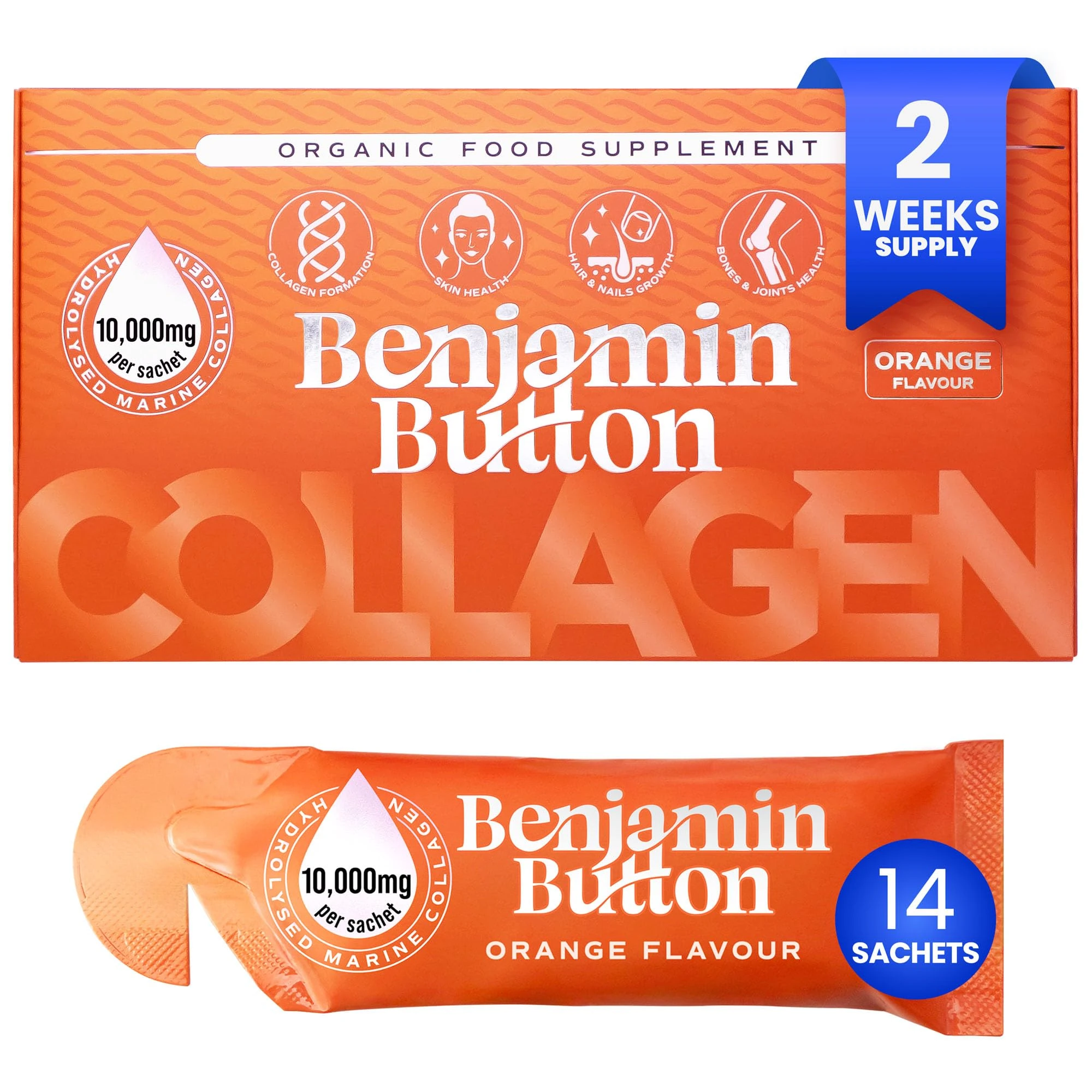 14x Marine Collagen Liquid Sachets - 10,000mg Hydrolysed Type 1 with Vitamin C | Skin, Hair, Nails | Orange Flavor | 2-Week Supply | Higher Absorption vs. Powder/Tablets - Benjamin Button®