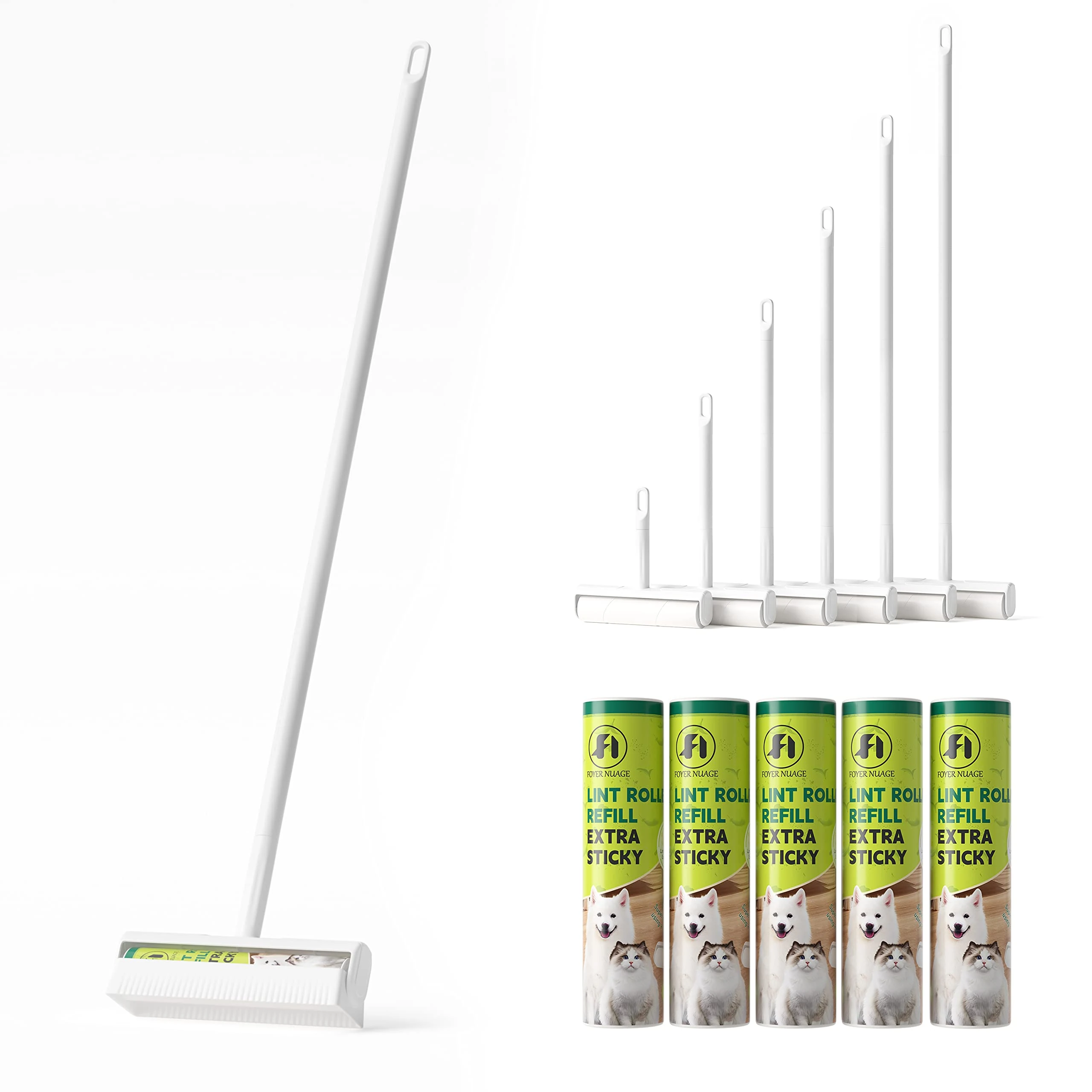 Foyer Nuage 9.5'' Large Lint Roller for Pet Hair with 6 Extendable Handle and Dust-Proof Cover * 5 Refills 300 Sheets, Long Handle Lightweight Extra Sticky Heavy Duty Mop for Cleaning Carpet Floor