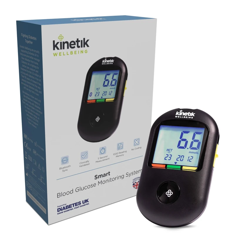 Kinetik Wellbeing Smart Blood Sugar Monitor - Glucometer Kit for Diabetic Home Testing Used by the NHS, Blood Glucose Meter for Precise Sugar Monitoring, Suitable for Pregnancy, Supporting Diabetes UK
