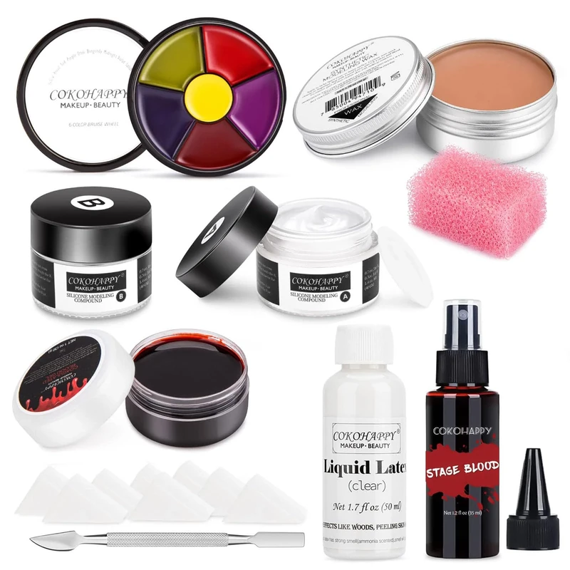 COKOHAPPY Halloween Makeup Kit SFX Makeup Kit, Spray Fake Blood Kit, Liquid Latex, Scar Wax, Silicone Modeling Compound, 6 Colors Bruise Face Body Paint for Zombie Monster Vampire