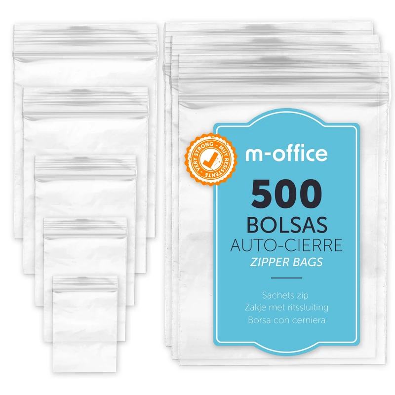 Airtight Zip Bags, Transparent Plastic Zip Bags Ideal for Freezing Food, Storing Documents, Reusable and Storage Bags · m-office (250 x 350 mm, 500 units)