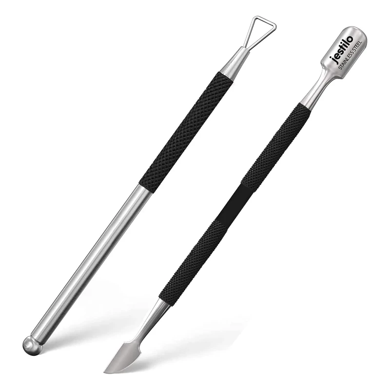 Jestilo Stainless Steel Cuticle Pusher and UV Gel Nail Polish Remover [Pack of 2] Cuticle Remover & Trimmer | Nail Art Tools Scraper and Cleaner (Black)