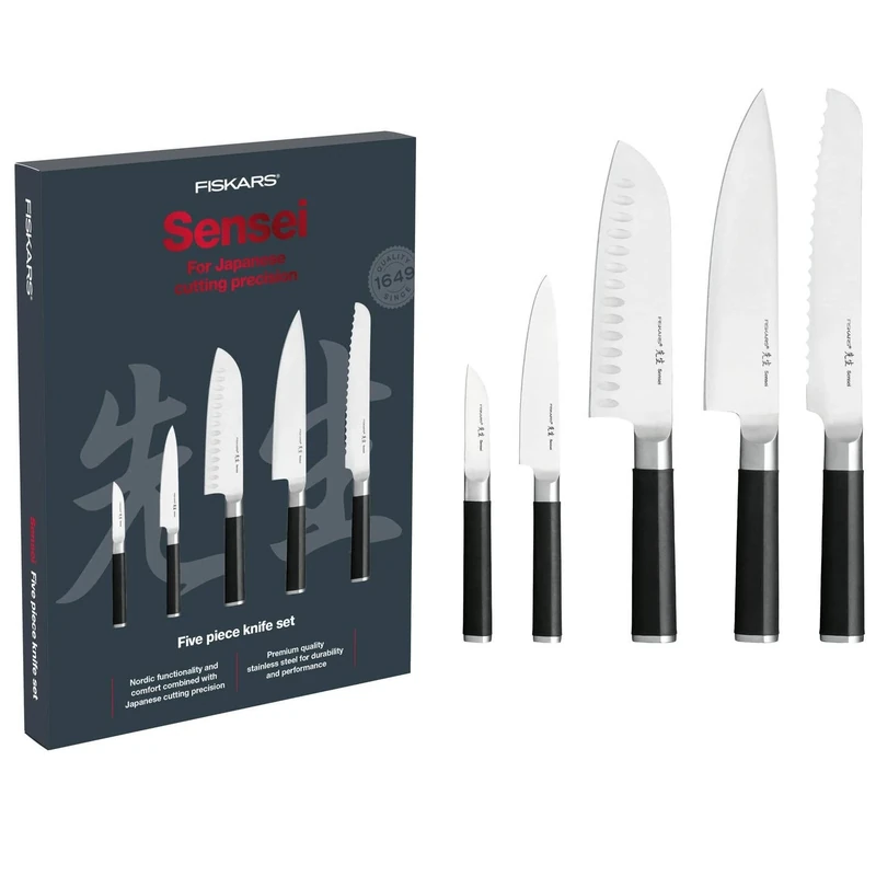 Fiskars knife set, Sensei, 5-piece, chef's knife, bread knife, santoku knife, paring knife, high carbon stainless steel/plastic, 1025845
