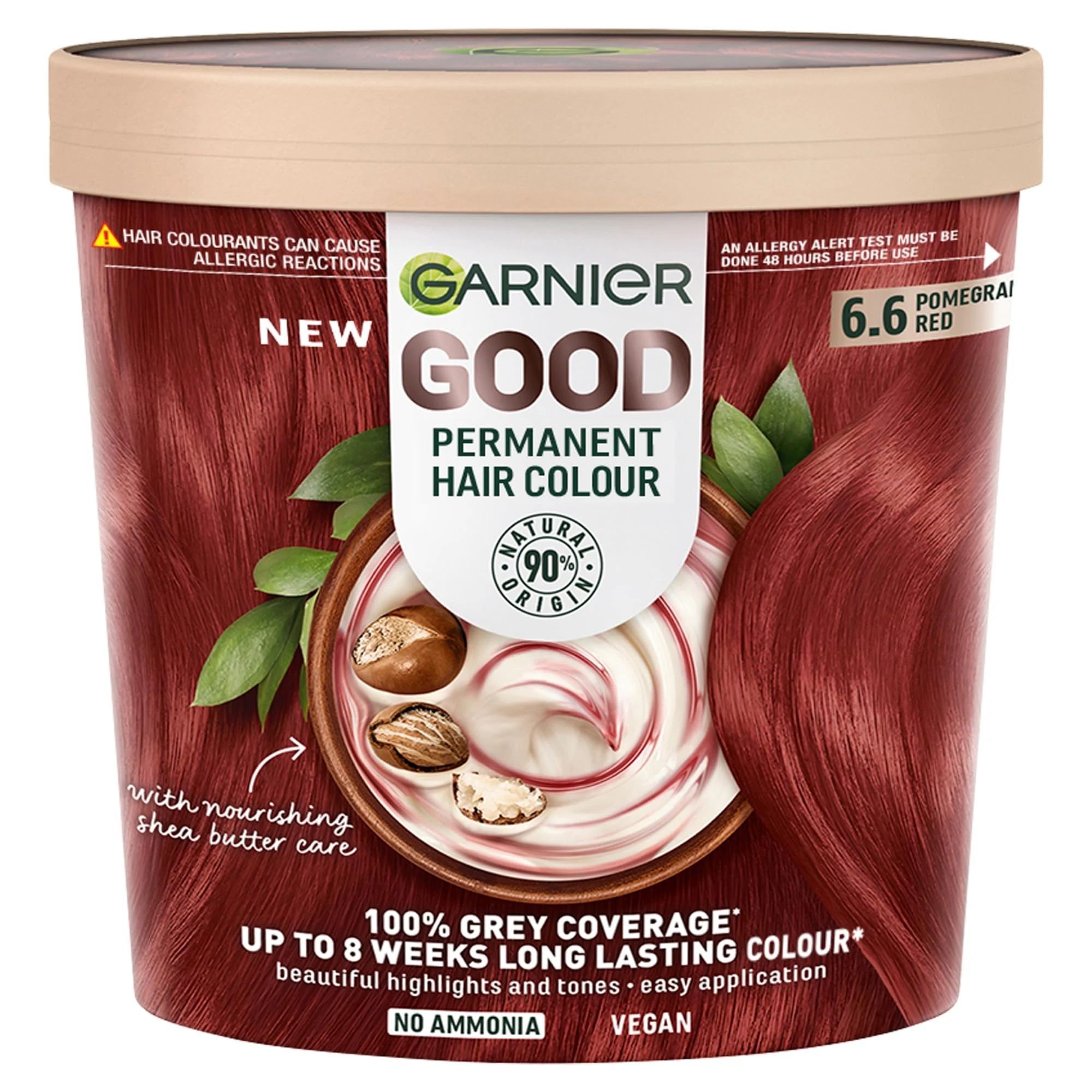 Garnier GOOD Permanent Hair Dye, 6.6 Pomegranate Red. Guarantees 100% grey coverage and 8-week colour. No ammonia, vegan shea butter formula ensures rich, vibrant red for all hair types.