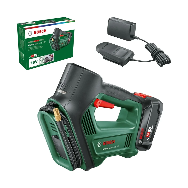 Bosch Home and Garden Electric Air Pump/Air Compressor UniversalPump 18V (1x 2,0 Ah Battery; 18 Volt System; for Car, Motorcycle and Bicycle Tyres; 150 PSI; 10.3 Bar; in Carton Packaging)