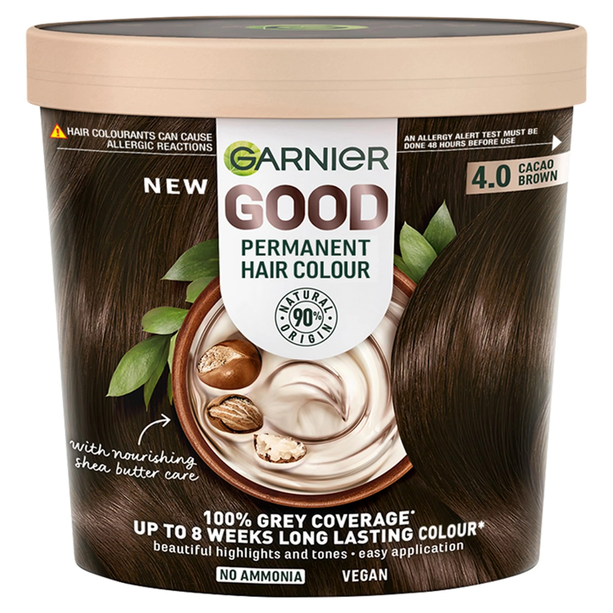 Garnier GOOD Permanent Hair Dye, 4.0 Cacao Brown. Achieve 100% grey coverage and 8-week colour. No ammonia, vegan shea butter formula offers rich, natural tones for all hair types.