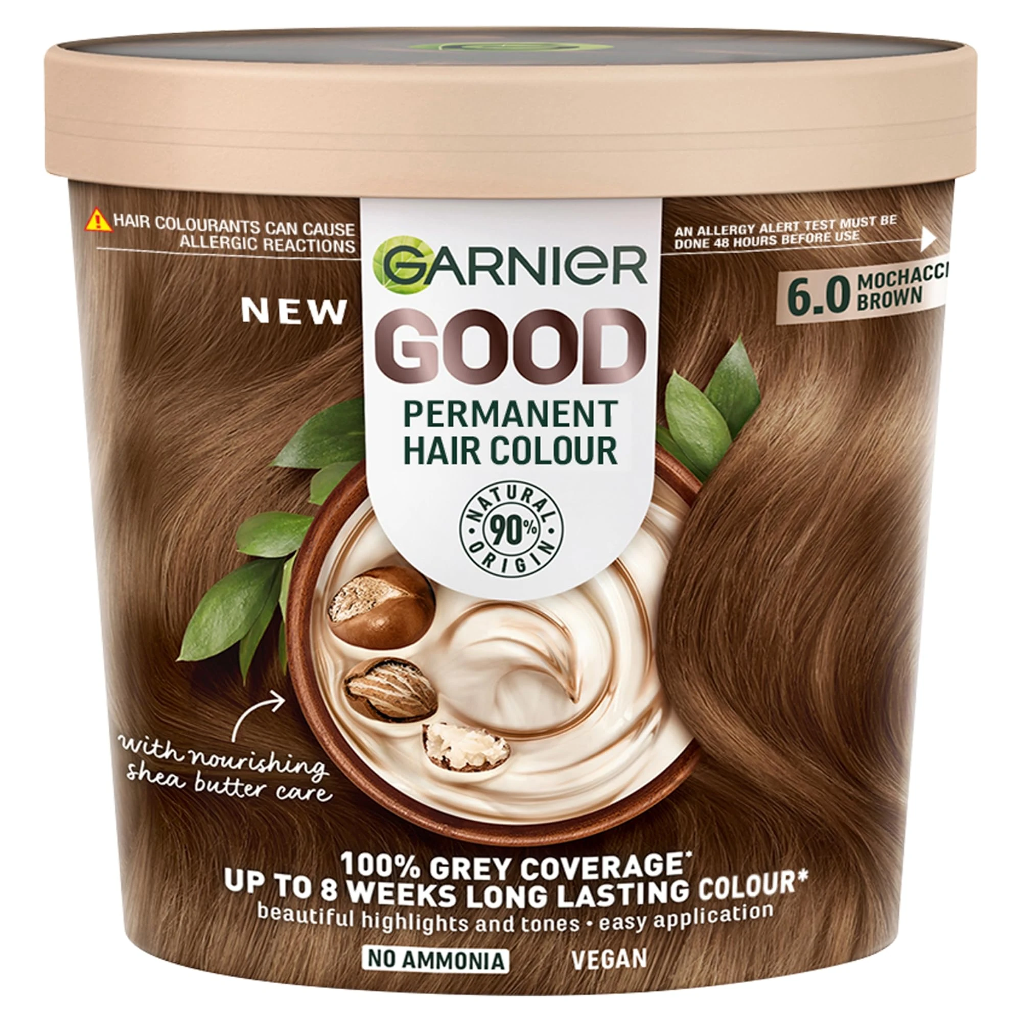 Garnier GOOD Permanent Hair Dye, 6.0 Mochaccino Brown. Provides 100% grey coverage and 8-week colour. No ammonia, vegan shea butter formula for vibrant, lasting results on all hair types.