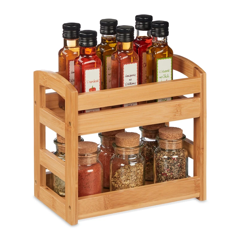 Relaxdays Bamboo Spice Rack, 2 Shelves, Versatile, HWD: 23 x 25.5 x 15.5cm, Countertop Seasoning Stand, Kitchen, Natural